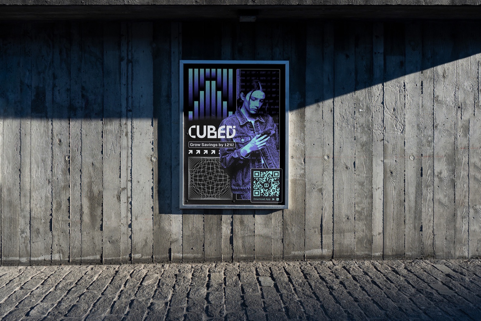 Cubed poster on a concrete wall