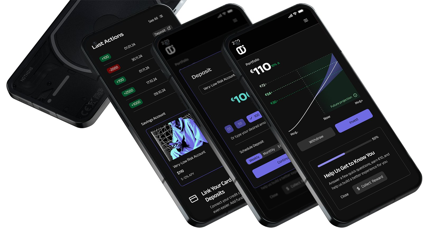 Three Cubed app screens on phones